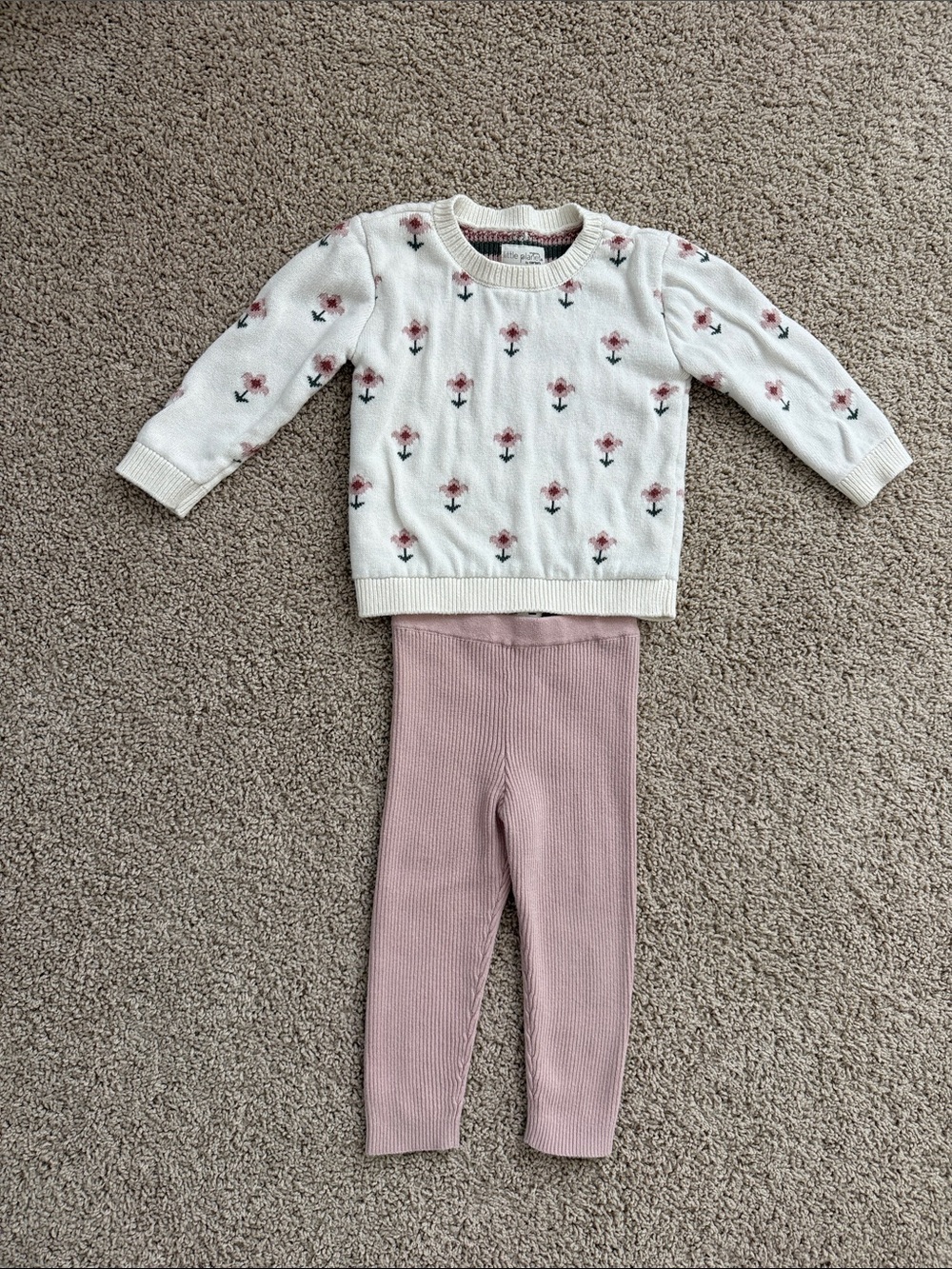 Little Planet organic Cream Floral Knit Sweater & Dusty Pink Ribbed Leggings Set